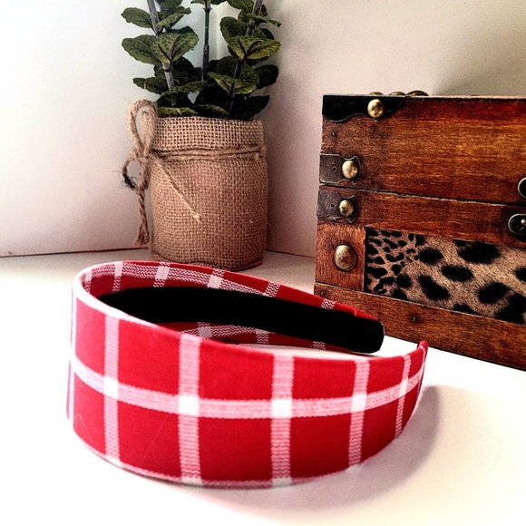 RED WHITE PLAID HEADBAND 2 INCH - Picture 3 of 3
